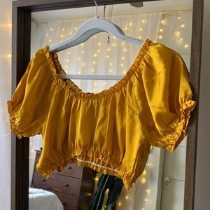 small gold silk off the shoulder crop top